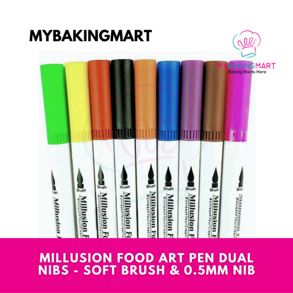 Assorted Colors Millusion Food Art Pen Dual Nibs - Soft Brush & 0.5mm Nib