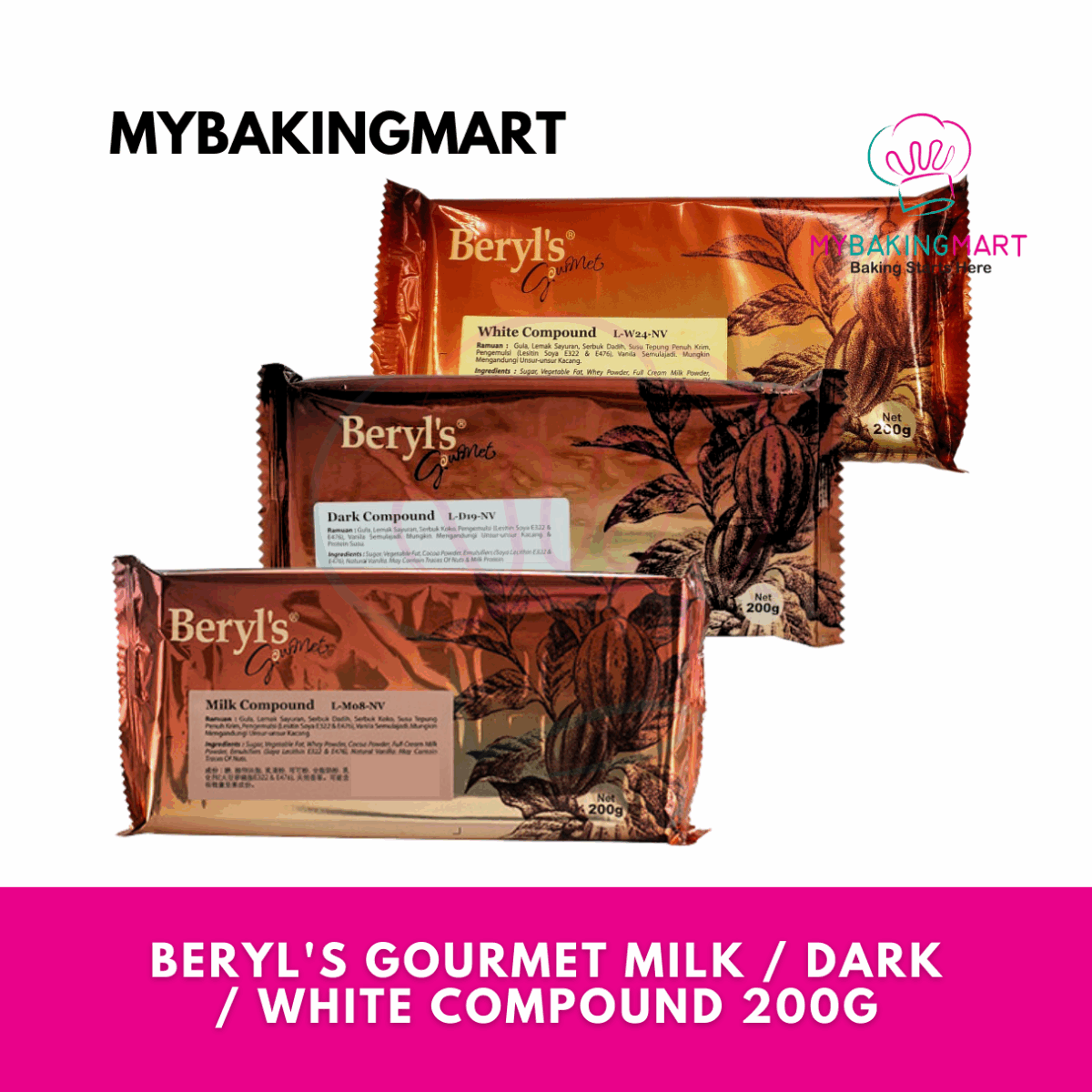 Beryl's Gourmet Milk / Dark / White / Strawberry Chocolate Compound Bar 200g - Image 6