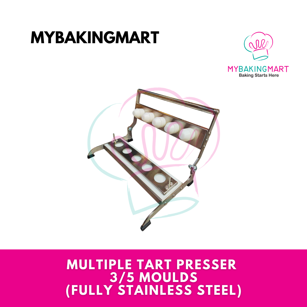 multiple_tart_presser_5_moulds_stainless_steel_1779184774.png MYBAKINGMART | PRE ORDER: Multiple Tart Presser 3 in 1 / 5 in 1 Moulds (FULLY STAINLESS STEEL)/ Penekan Tart 3/5 Acuan - Image 1